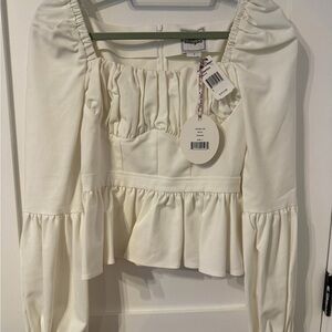 Autumn Adeigbo Ivory White Ruffled Puff Long-Sleeve Peplum Top